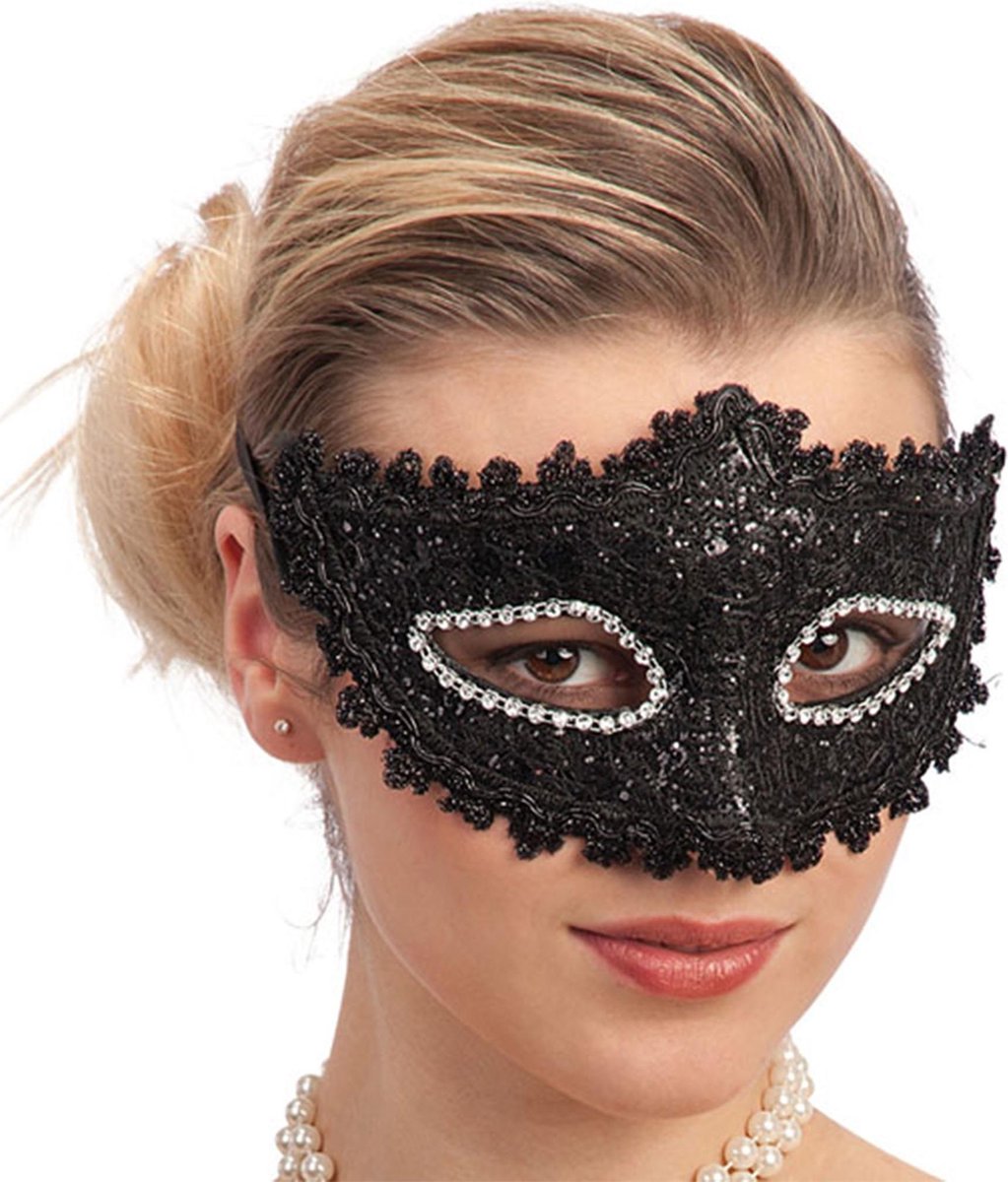 CARNIVAL TOYS - Plastic masker met zwart kant en strass voor volwassenen - Maskers > Masquerade masker